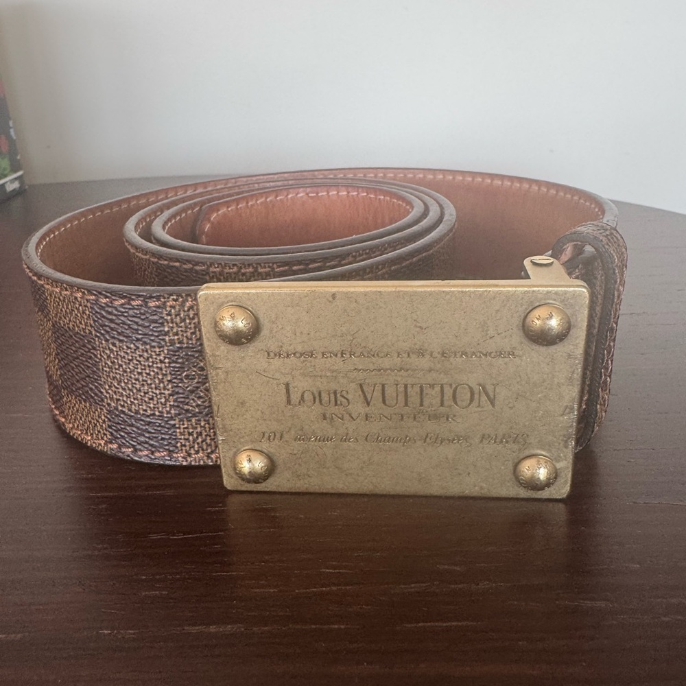Louis Vuitton Gold Plaque Brown Checkered Belt